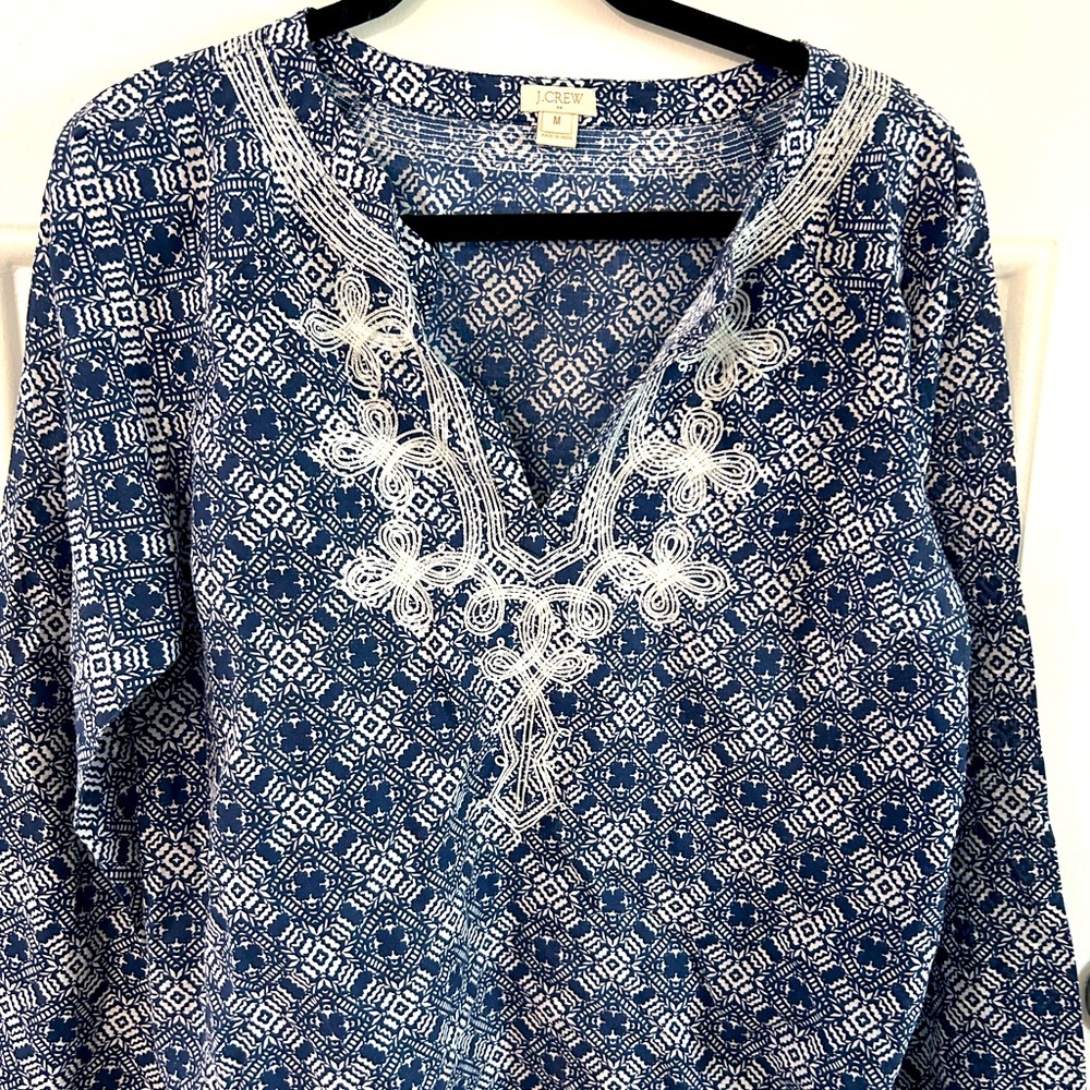 J Crew Top Long Sleeves Blue Geometrical Print W Embroidery M Pre Owned